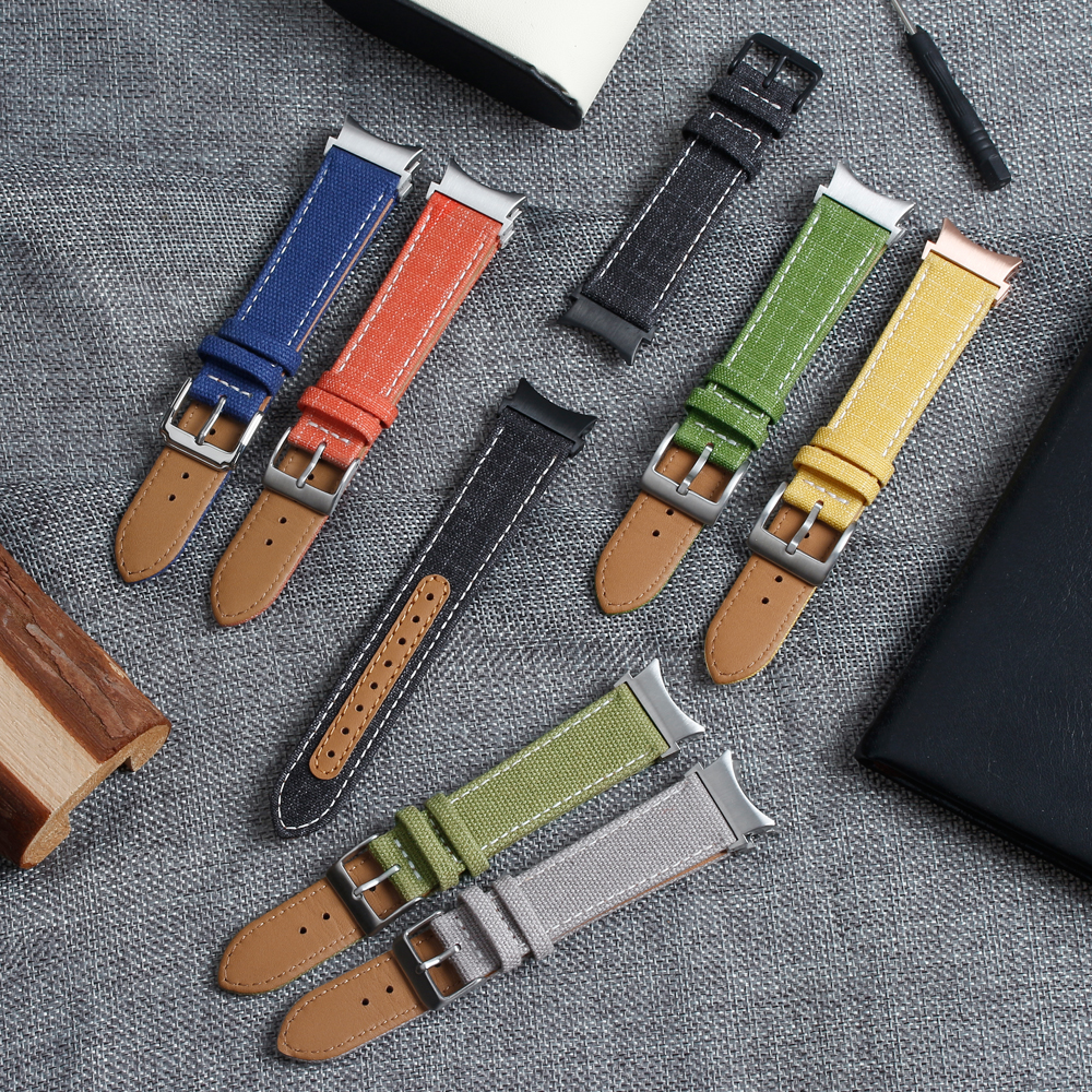 Custom Blue Samsung Galaxy Watch 4 Straps Apple Watch Bands Canvas And Leather Hybrid Watch